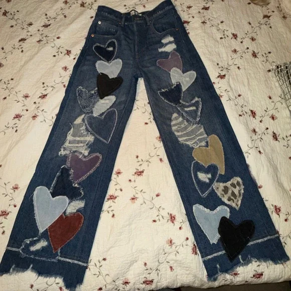 Free People We The Free Piece Of My Heart Jeans Heart Patch Wide Leg HighRise - Picture 5 of 14